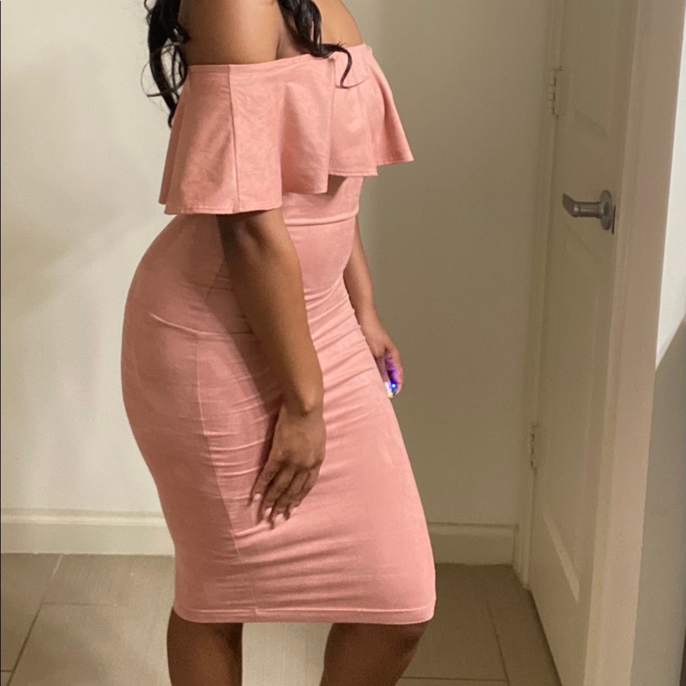 Pink velvet off shoulder dress